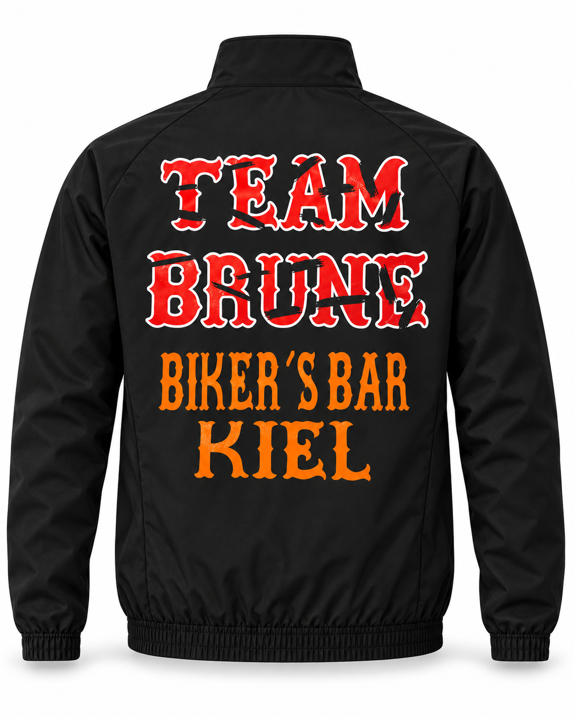 Jacke – Rückenansicht mit Print „Team Brune – Biker's Bar Kiel“