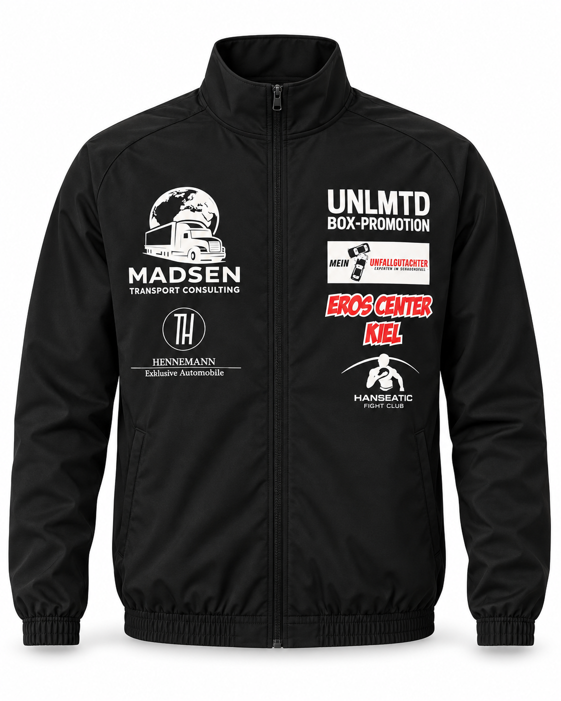 Jacke – Frontansicht mit Sponsoren-Logos